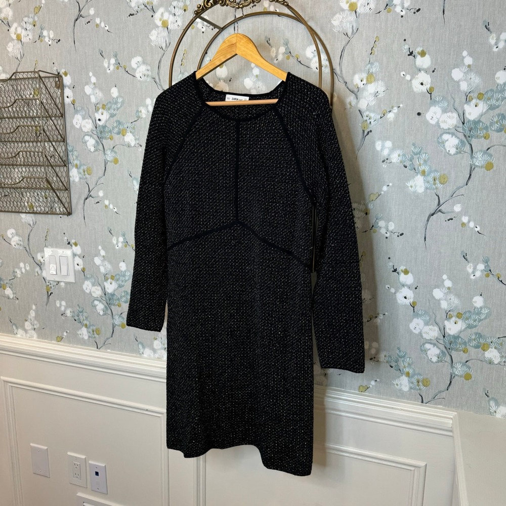 Zara Knit Black Long Sleeve‎ Dress with Gold Threading - Size Large - Picture 2 of 7